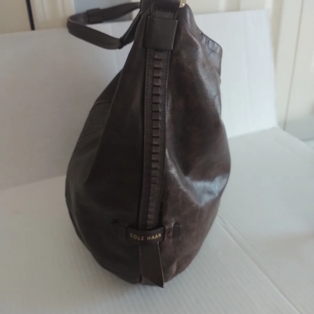 Cole Haan Bethany Weave Single Strap Leather Hobo Bag Chestnut Brown